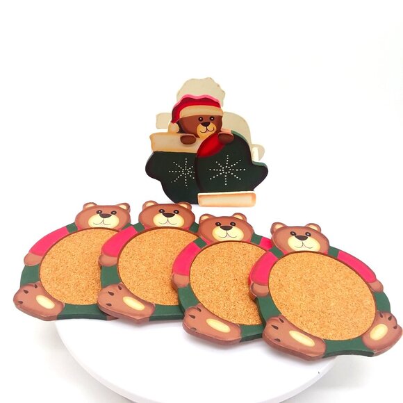Coaster Set Teddy Bear Wood Christmas VTG Country Bears Cork Large Holder Winter - Picture 1 of 6